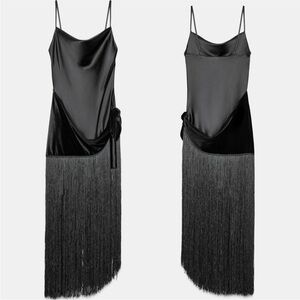 Zara Black Satin Velvet Fringe Dress Whimsgoth Dream gothic glam extra small
